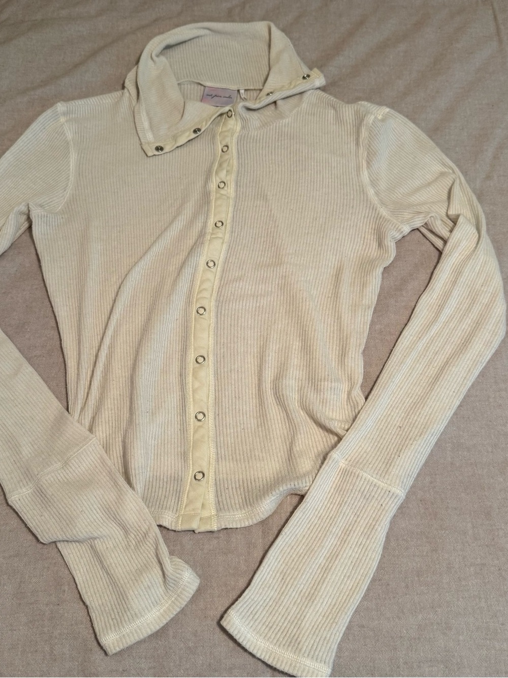 Urban Outfitters Cream Ribbed Snap-Front Long-Sleeve Top